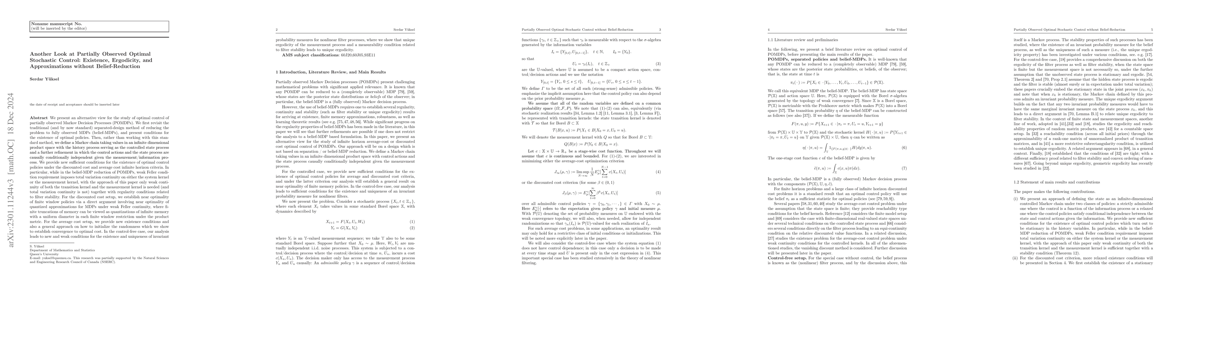 Thumbnail for Another Look at Partially Observed Optimal Stochastic Control:
  Existence, Ergodicity, and Approximations without Belief-Reduction