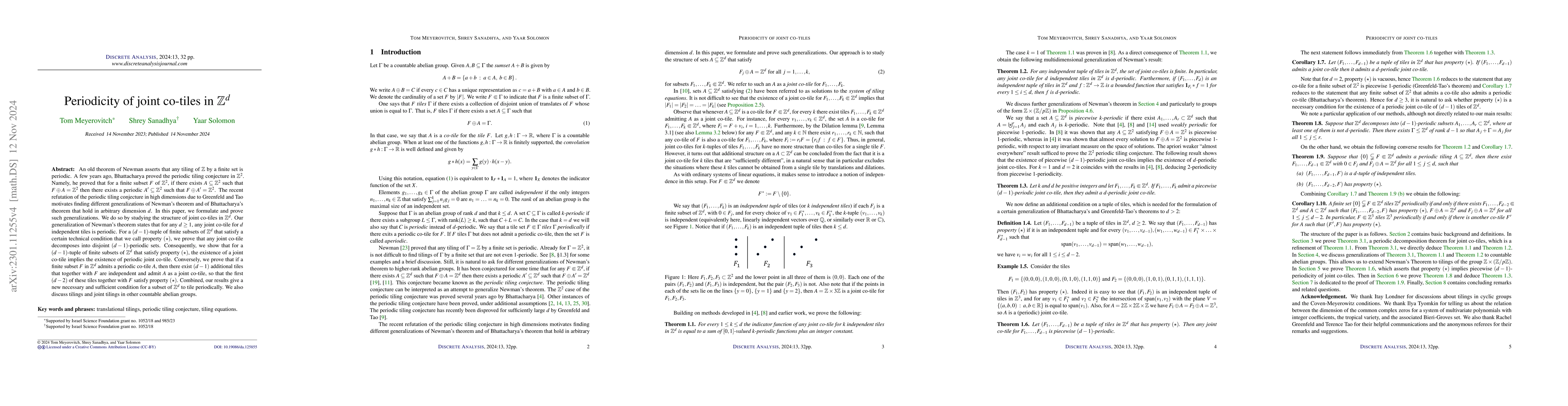 Thumbnail for Periodicity of joint co-tiles in $\mathbb{Z}^d$