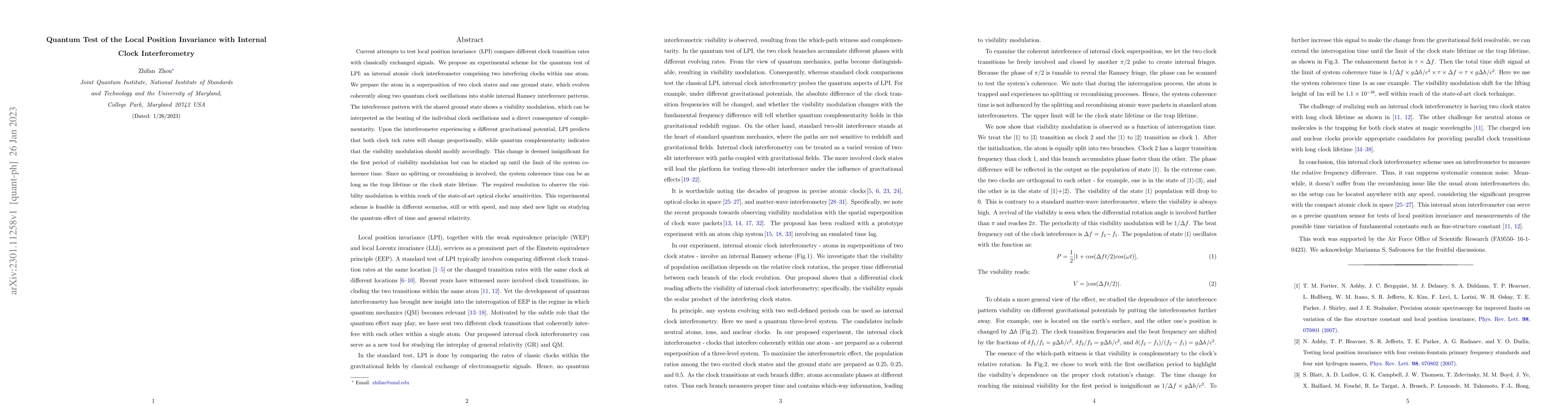 Thumbnail for Quantum Test of the Local Position Invariance with Internal Clock
  Interferometry