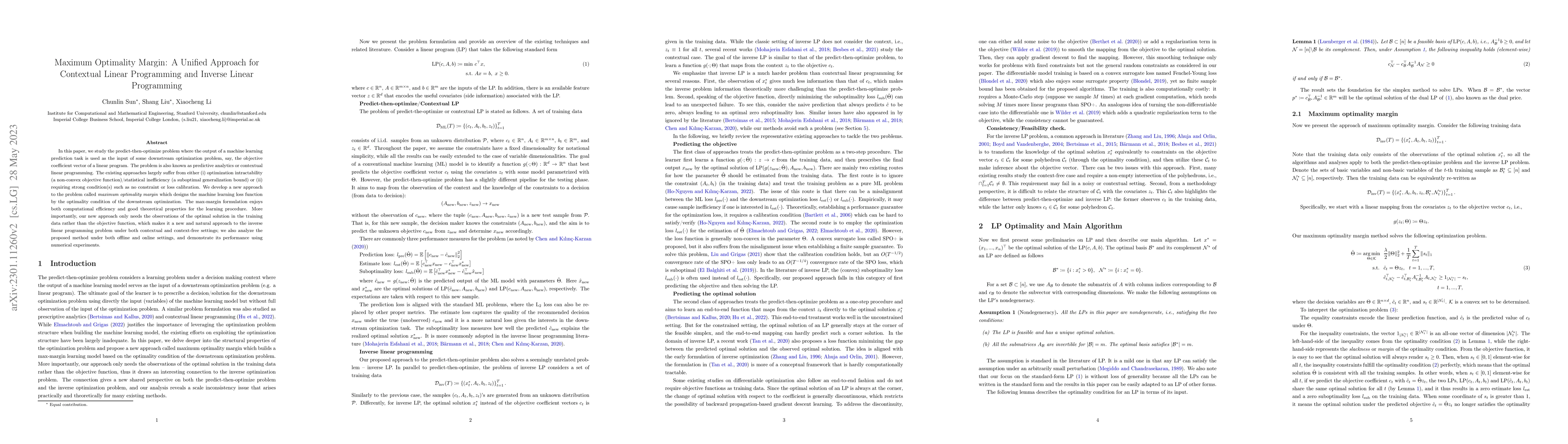 Thumbnail for Maximum Optimality Margin: A Unified Approach for Contextual Linear
  Programming and Inverse Linear Programming