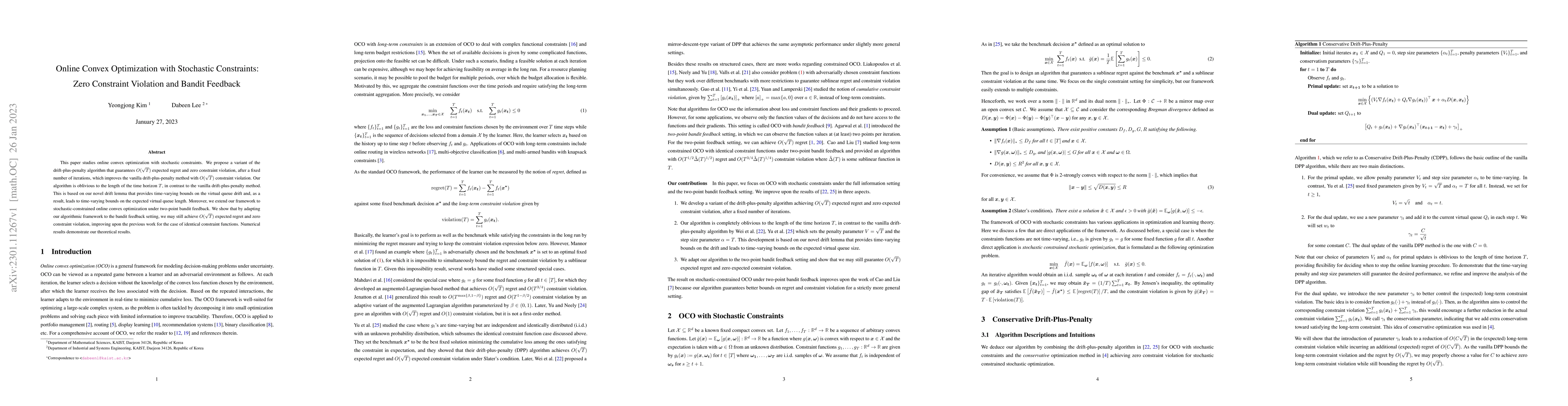 Thumbnail for Online Convex Optimization with Stochastic Constraints: Zero Constraint
  Violation and Bandit Feedback