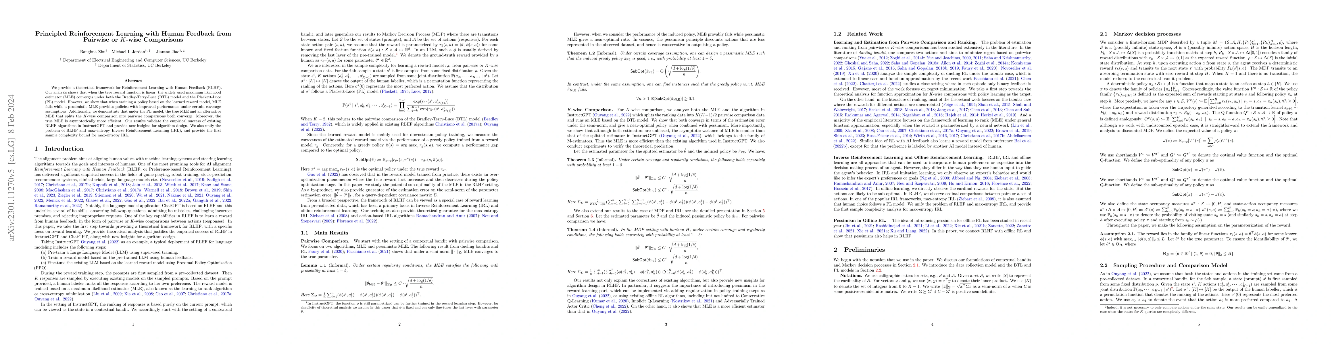 Thumbnail for Principled Reinforcement Learning with Human Feedback from Pairwise or
  $K$-wise Comparisons