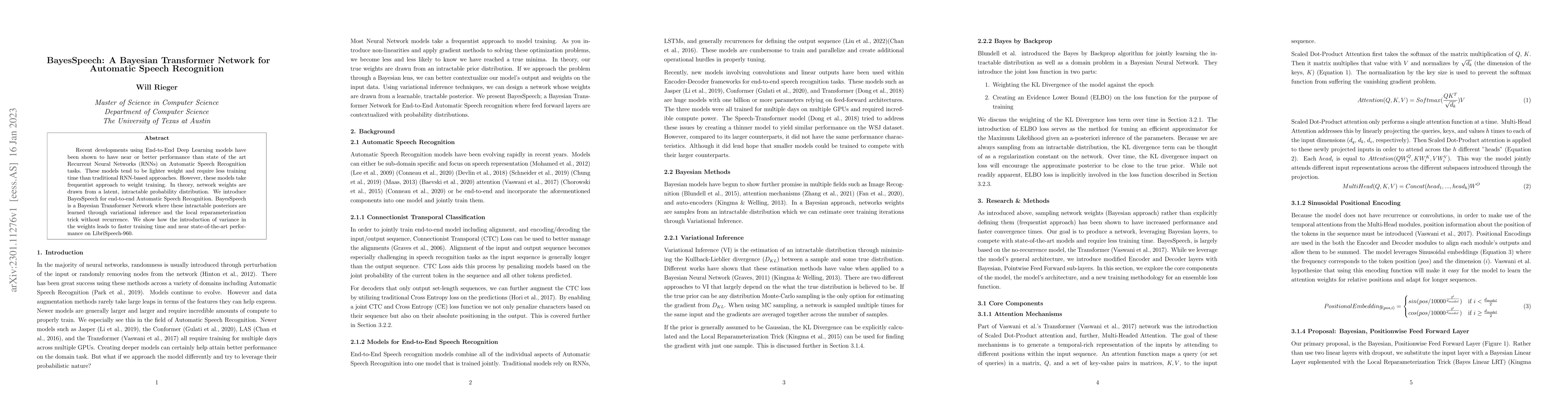 Thumbnail for BayesSpeech: A Bayesian Transformer Network for Automatic Speech
  Recognition