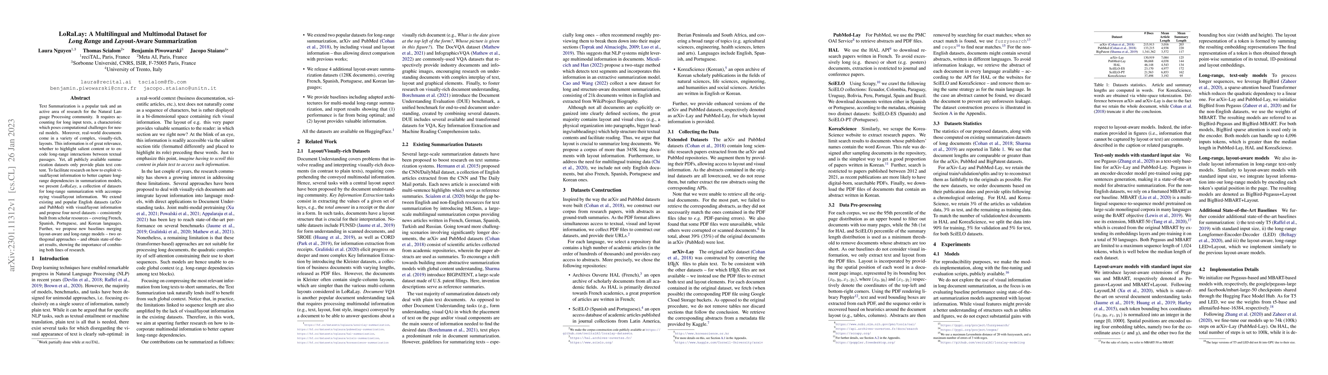 Thumbnail for LoRaLay: A Multilingual and Multimodal Dataset for Long Range and
  Layout-Aware Summarization