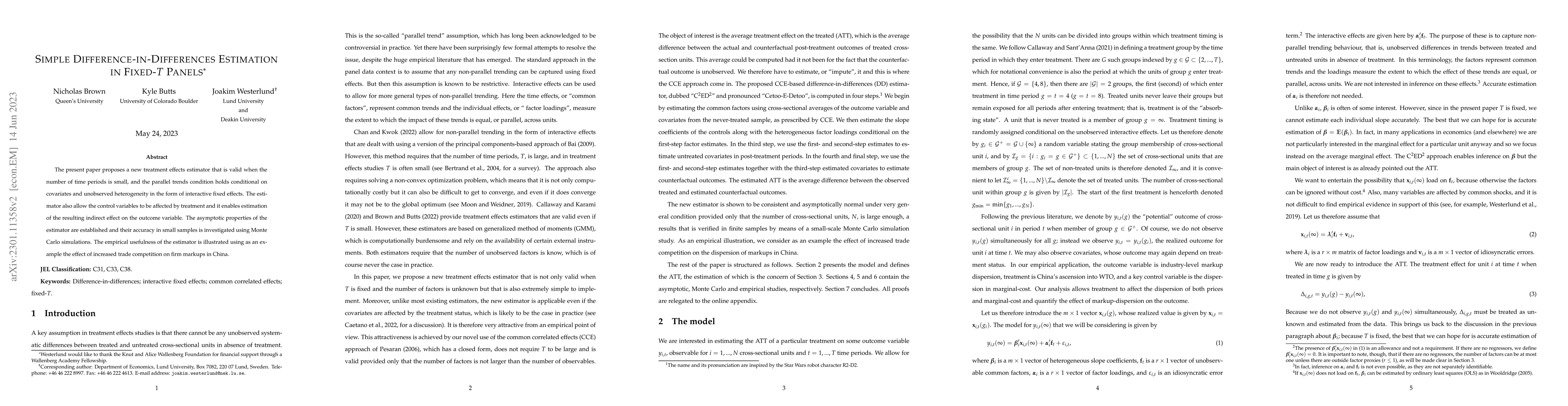 Thumbnail for Simple Difference-in-Differences Estimation in Fixed-T Panels