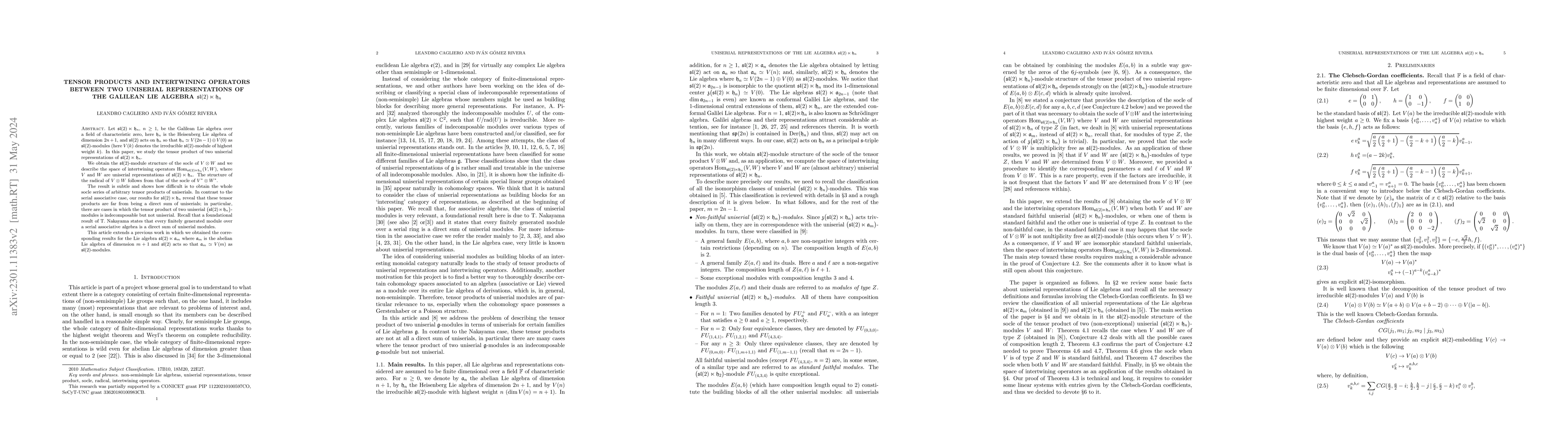 Thumbnail for Tensor products and intertwining operators between two uniserial
  representations of the Galilean Lie algebra $\mathfrak{sl}(2)\ltimes
  \mathfrak{h}_n$