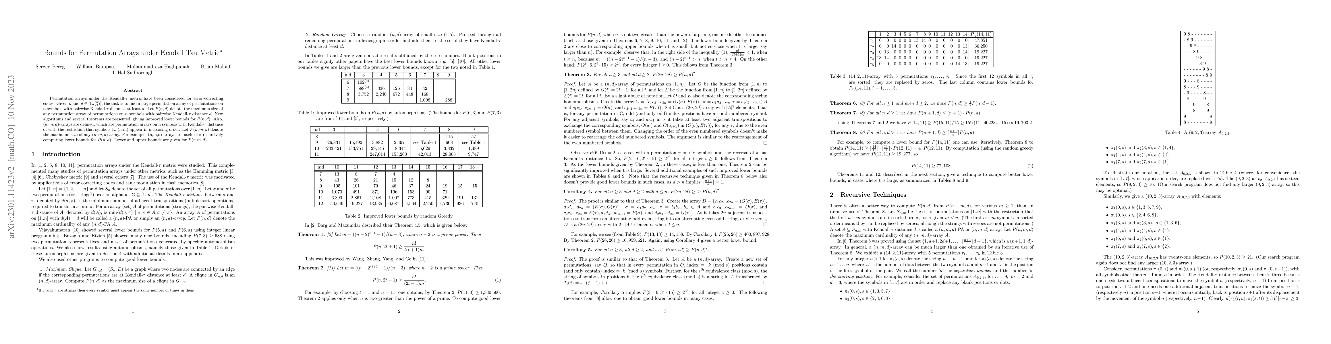 Thumbnail for Bounds for Permutation Arrays under Kendall Tau Metric