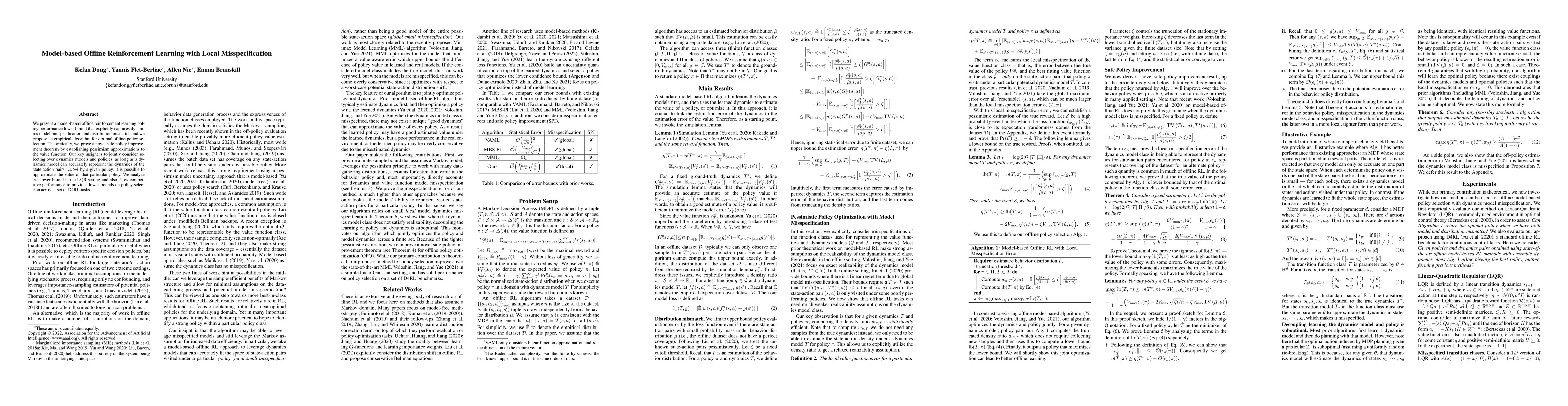 Thumbnail for Model-based Offline Reinforcement Learning with Local Misspecification