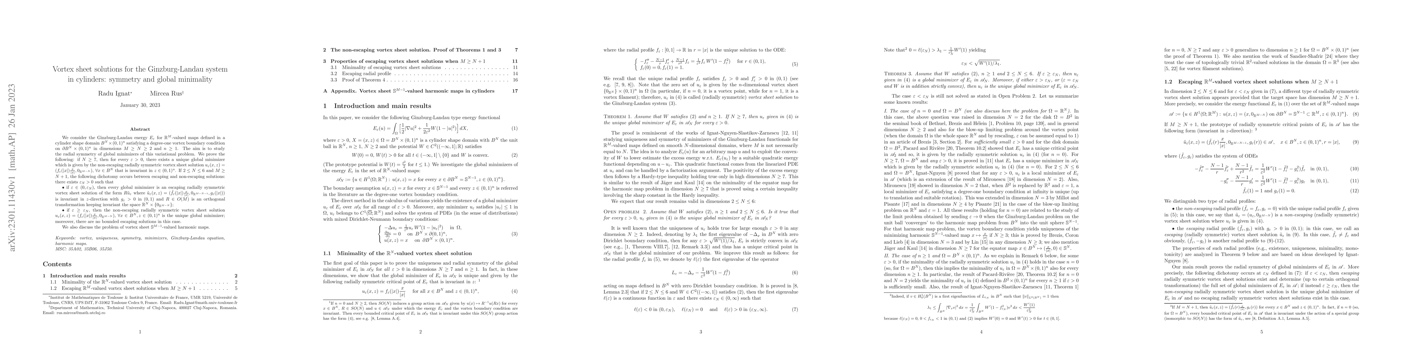 Thumbnail for Vortex sheet solutions for the Ginzburg-Landau system in cylinders:
  symmetry and global minimality
