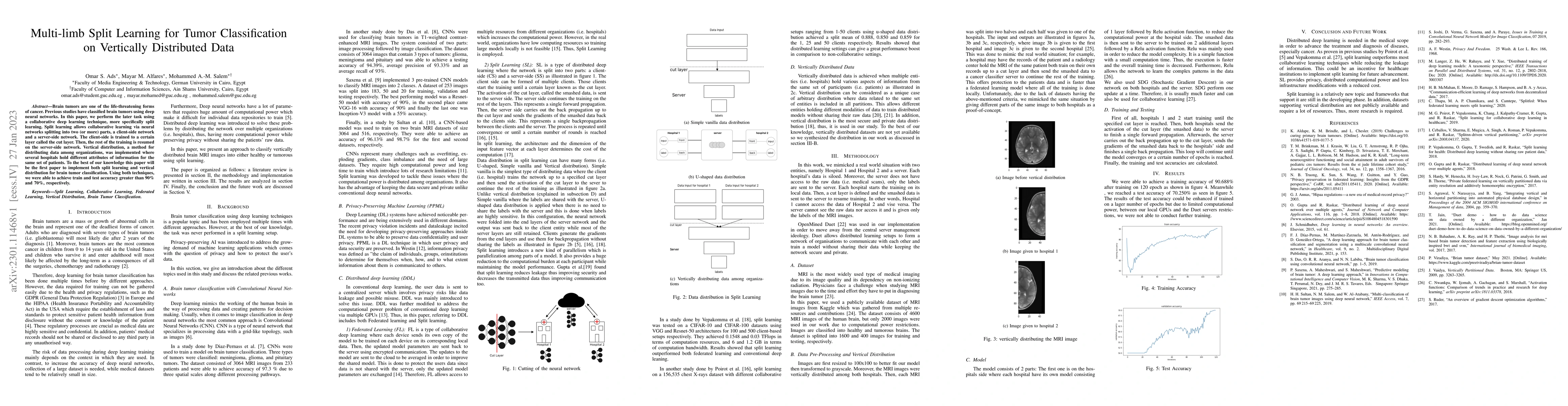 Thumbnail for Multi-limb Split Learning for Tumor Classification on Vertically
  Distributed Data