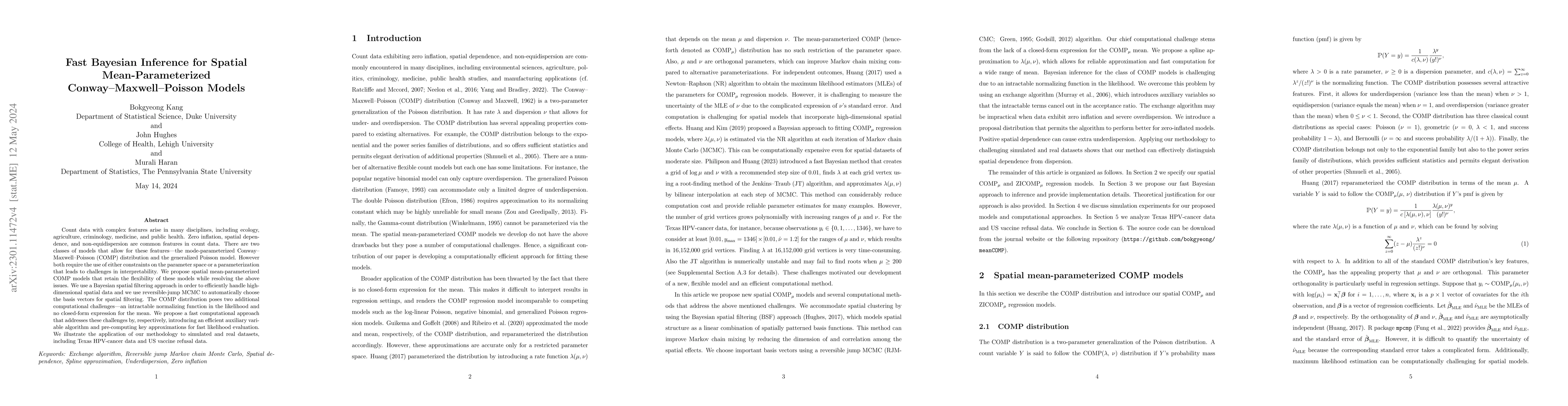 Thumbnail for Fast Bayesian inference for spatial mean-parameterized
  Conway-Maxwell-Poisson models