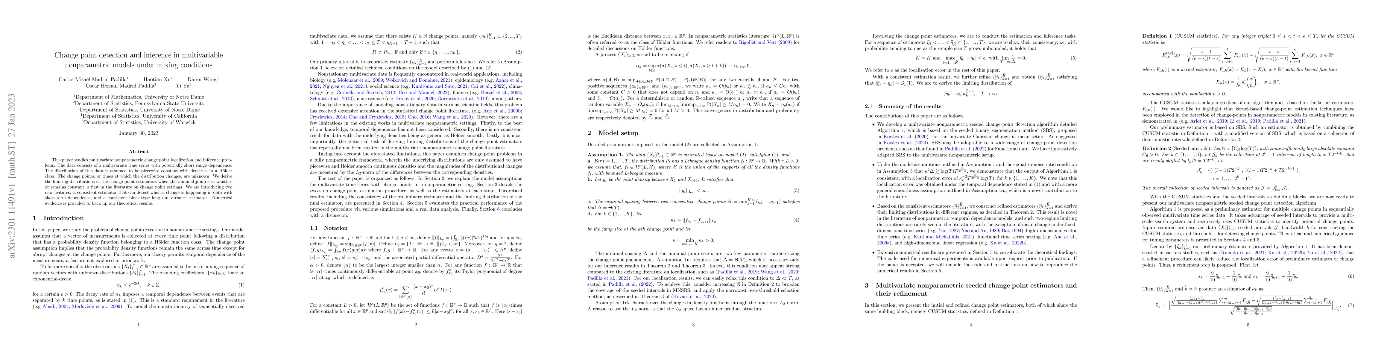 Thumbnail for Change point detection and inference in multivariable nonparametric
  models under mixing conditions