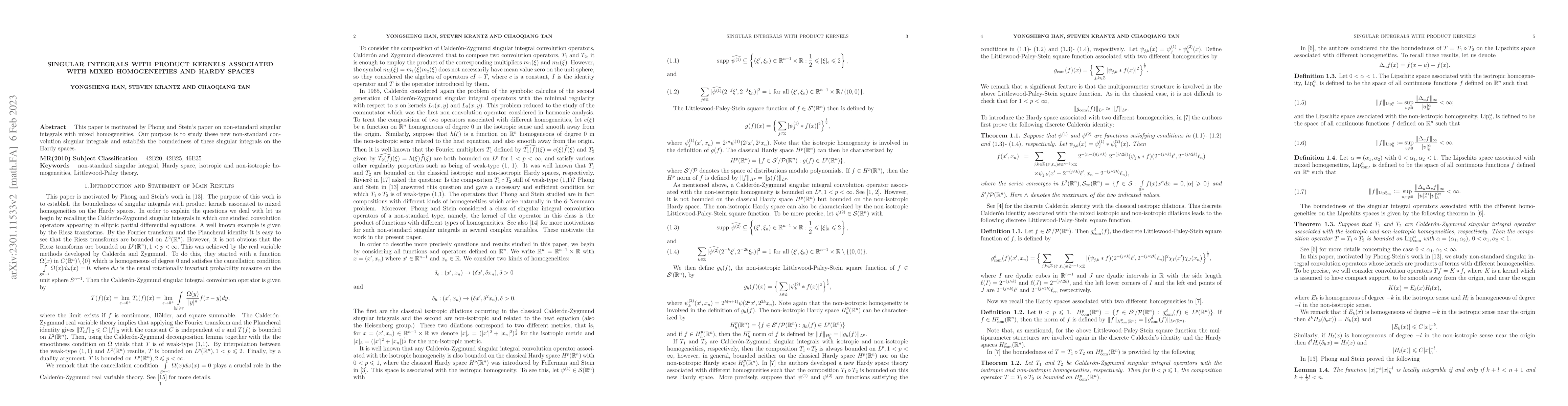 Thumbnail for Singular integrals with product kernels associated with mixed
  homogeneities and Hardy spaces