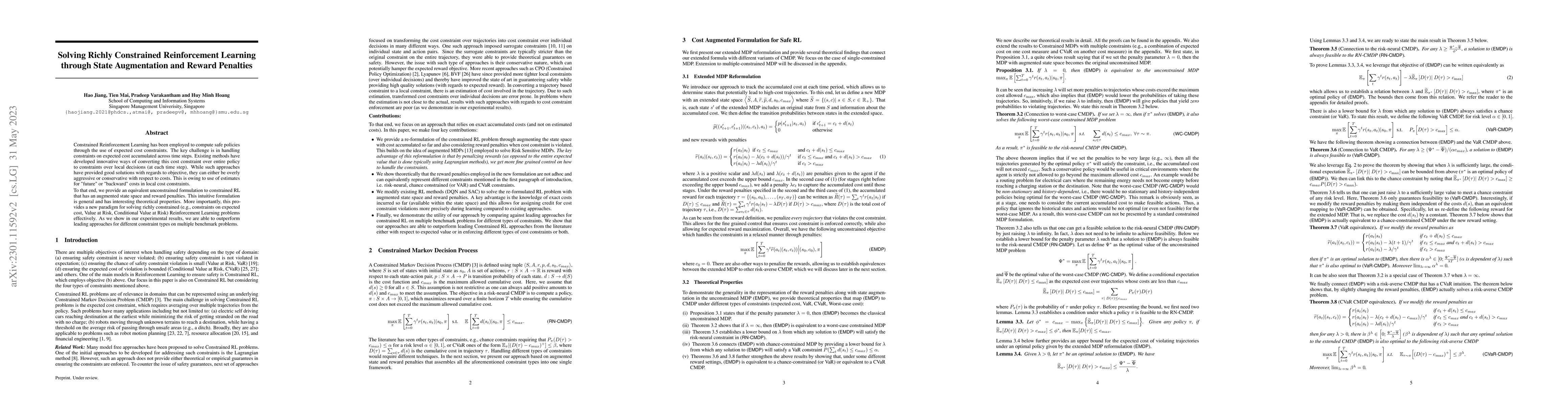 Thumbnail for Solving Richly Constrained Reinforcement Learning through State
  Augmentation and Reward Penalties