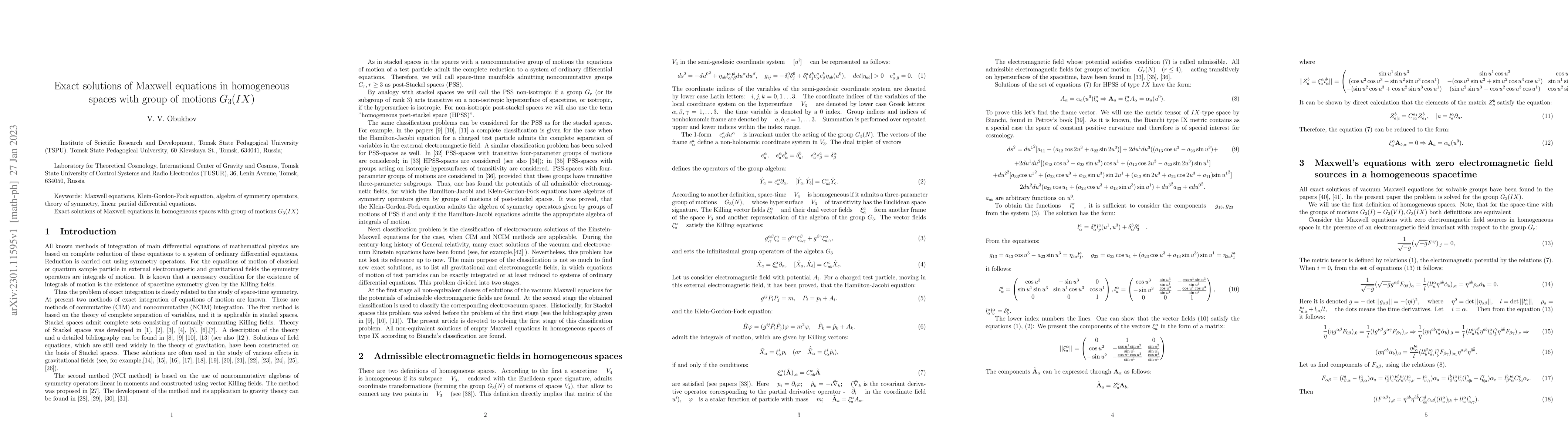 Thumbnail for Exact solutions of Maxwell equations in homogeneous spaces with group of
  motions $G_3(IX)$