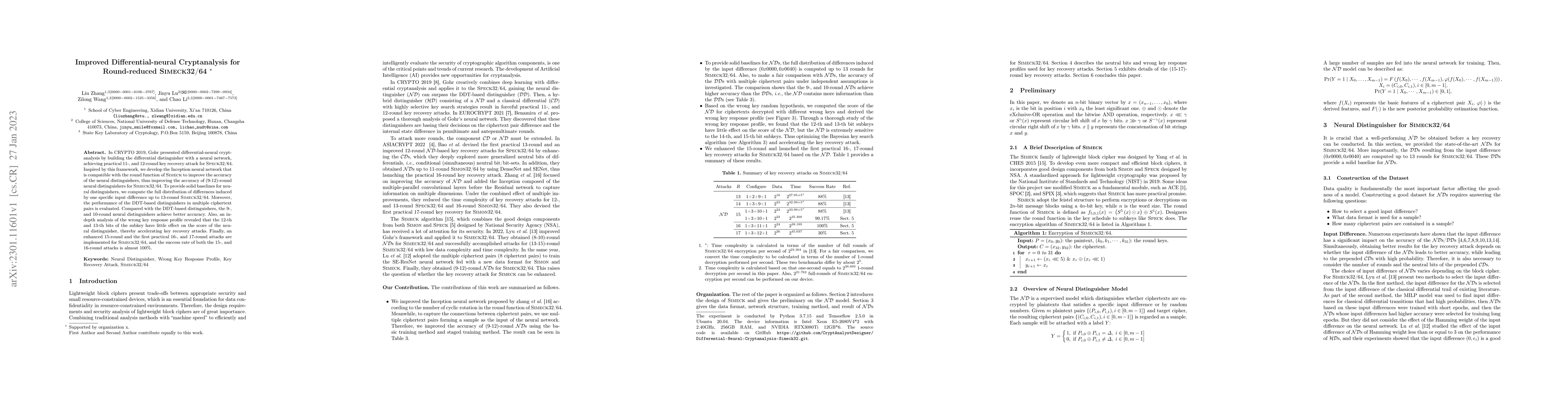 Thumbnail for Improved Differential-neural Cryptanalysis for Round-reduced Simeck32/64