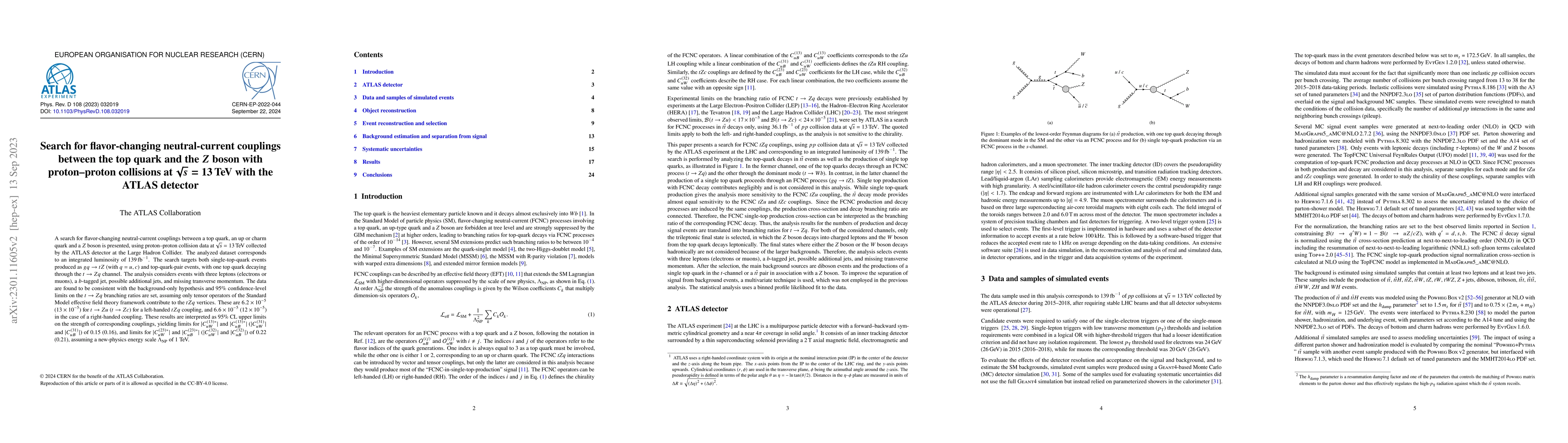 Thumbnail for Search for flavor-changing neutral-current couplings between the top
  quark and the $Z$ boson with proton-proton collisions at $\sqrt{s} = 13$ TeV
  with the ATLAS detector
