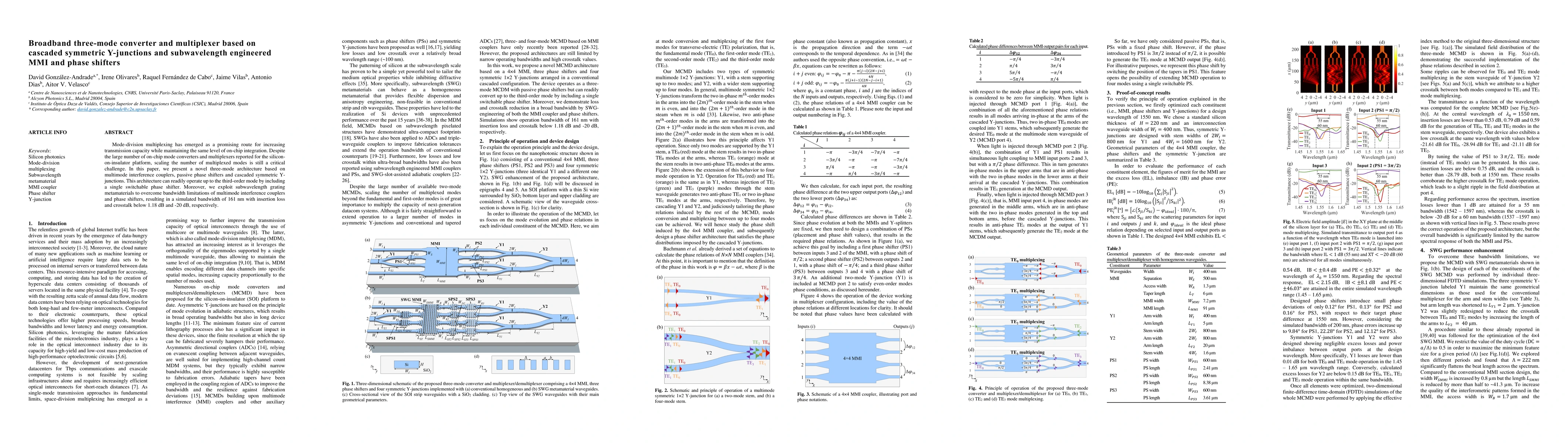 Thumbnail for Broadband three-mode converter and multiplexer based on cascaded
  symmetric Y-junctions and subwavelength engineered MMI and phase shifters