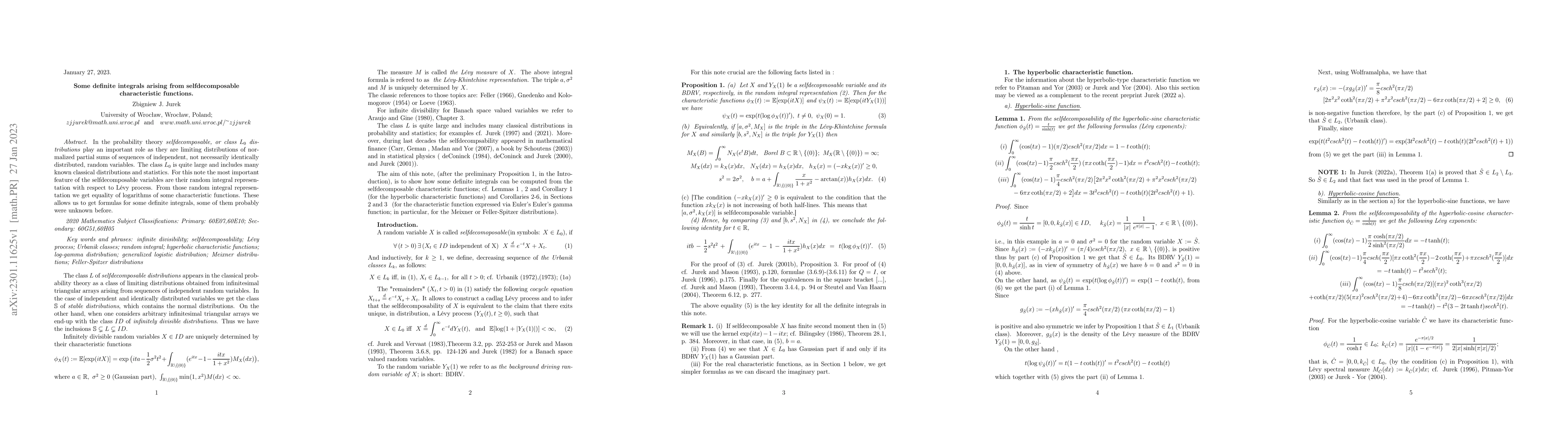 Thumbnail for Some definite integrals arising from selfdecomposable characteristic
  functions