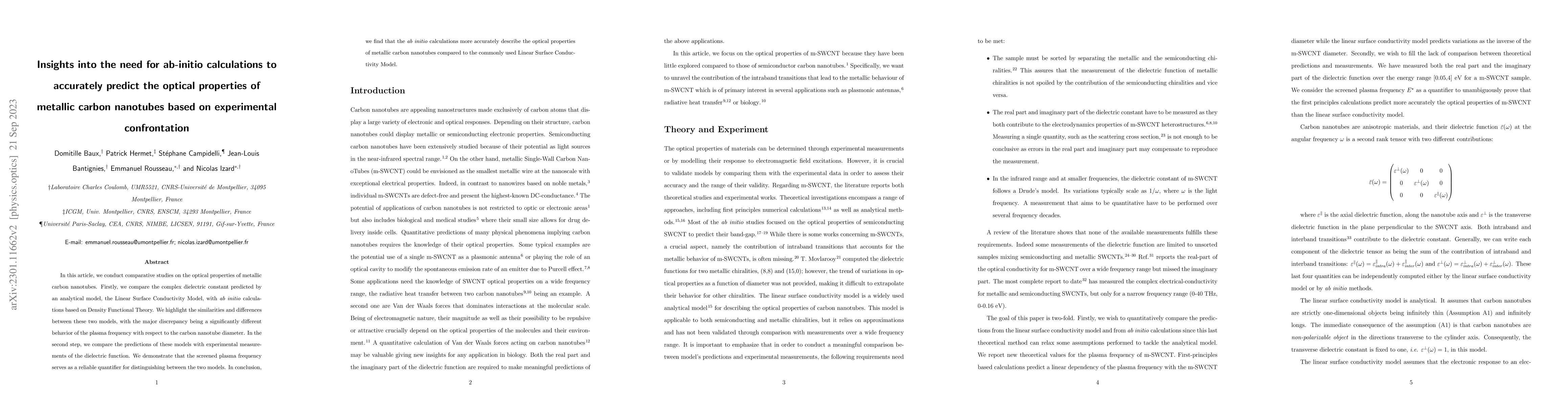 Thumbnail for Insights into the need for ab-initio calculations to accurately predict
  the optical properties of metallic carbon nanotubes based on experimental
  confrontation