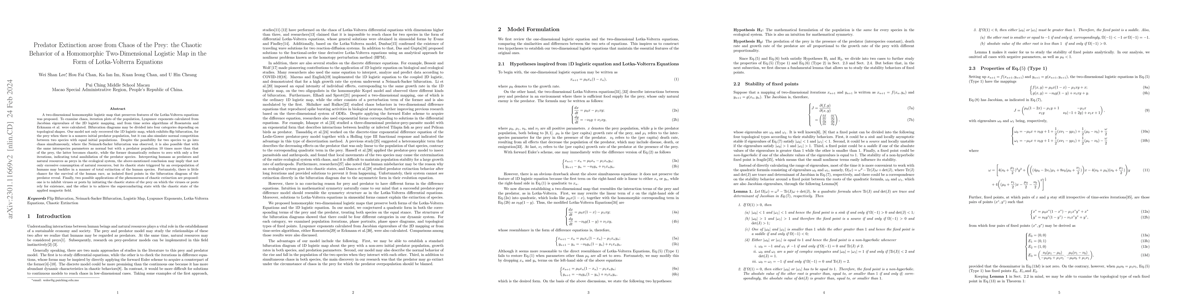 Thumbnail for Predator Extinction arose from Chaos of the Prey: the Chaotic Behavior
  of a Homomorphic Two-Dimensional Logistic Map in the Form of Lotka-Volterra
  Equations