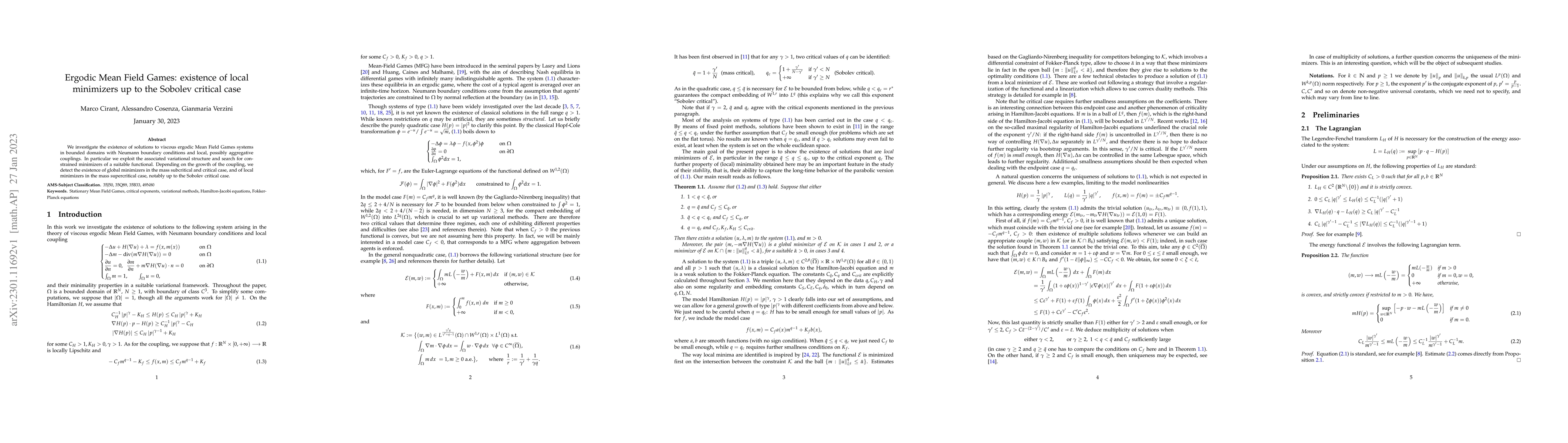 Thumbnail for Ergodic Mean Field Games: existence of local minimizers up to the
  Sobolev critical case