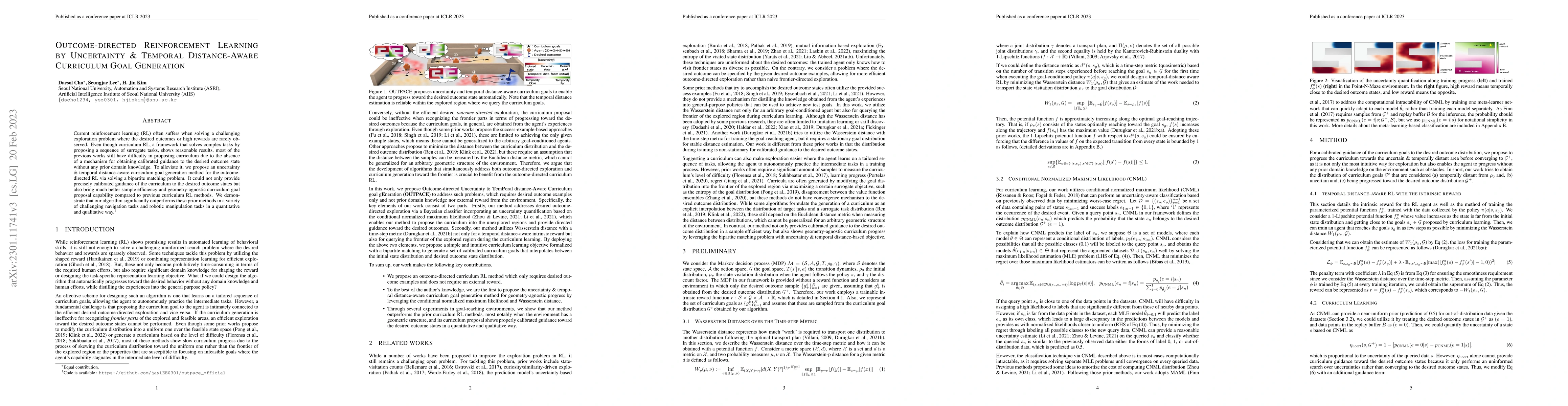 Thumbnail for Outcome-directed Reinforcement Learning by Uncertainty & Temporal
  Distance-Aware Curriculum Goal Generation