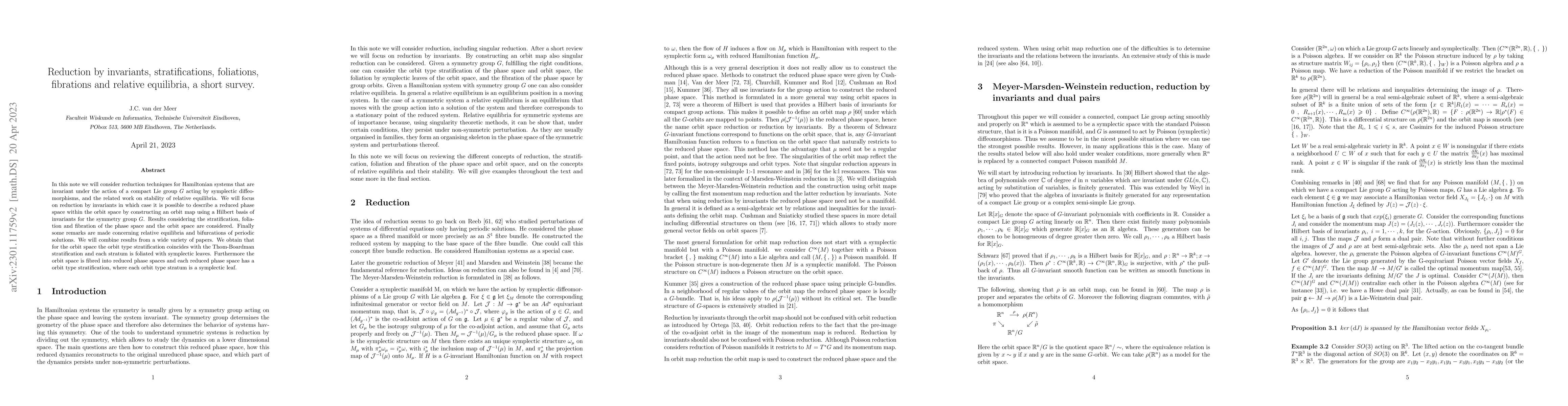 Thumbnail for Reduction by invariants, stratifications, foliations, fibrations and
  relative equilibria, a short survey