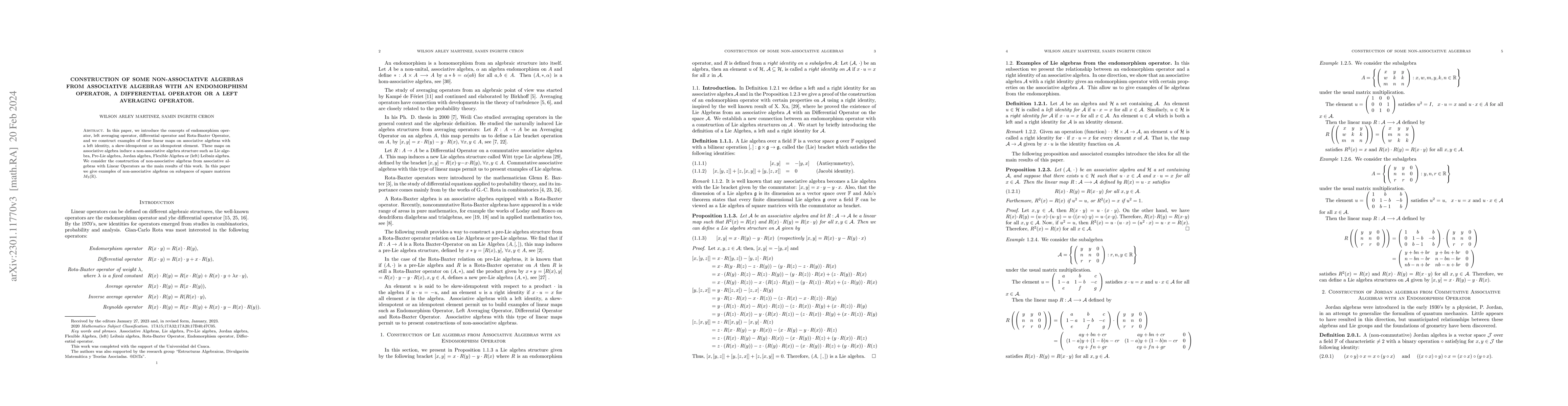 Thumbnail for Construction of some non-associative algebras from Associative Algebras
  with an endomorphism operator, a differential operator or a left averaging
  operator