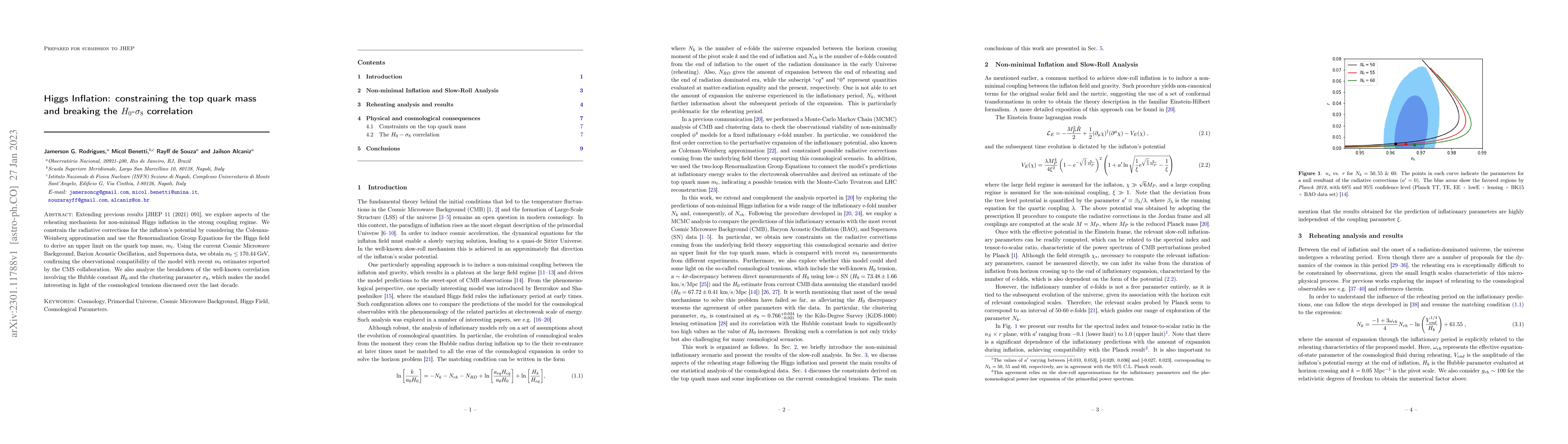 Thumbnail for Higgs Inflation: constraining the top quark mass and breaking the
  $H_0$-$\sigma_8$ correlation
