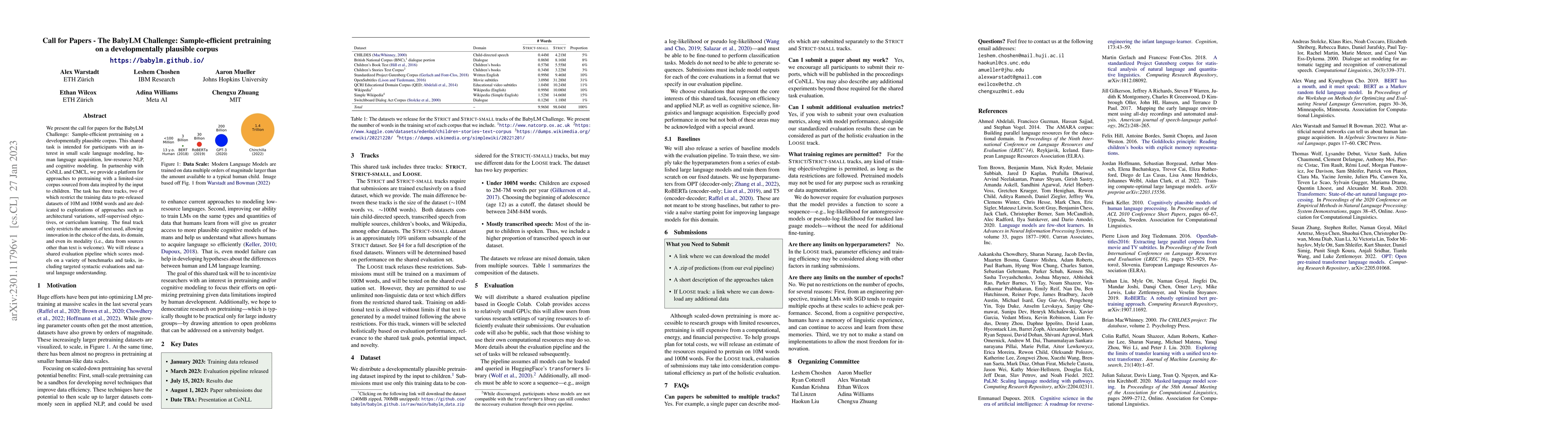 Thumbnail for Call for Papers -- The BabyLM Challenge: Sample-efficient pretraining on
  a developmentally plausible corpus