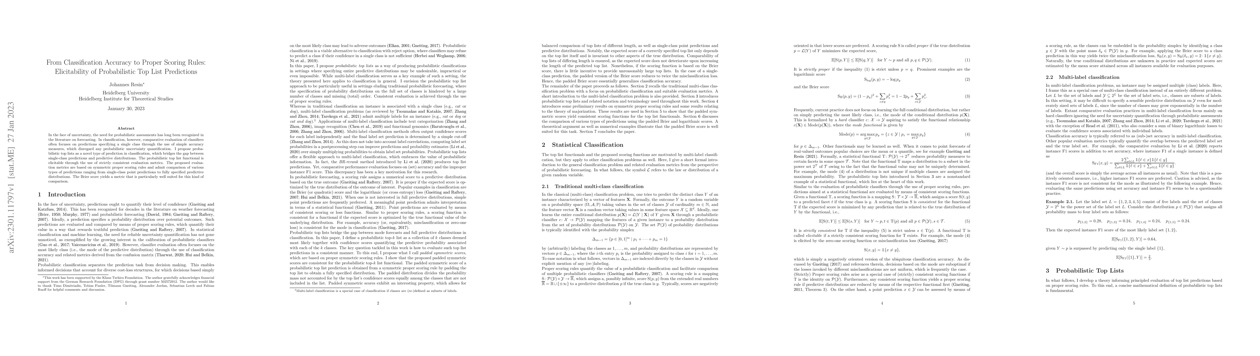 Thumbnail for From Classification Accuracy to Proper Scoring Rules: Elicitability of
  Probabilistic Top List Predictions