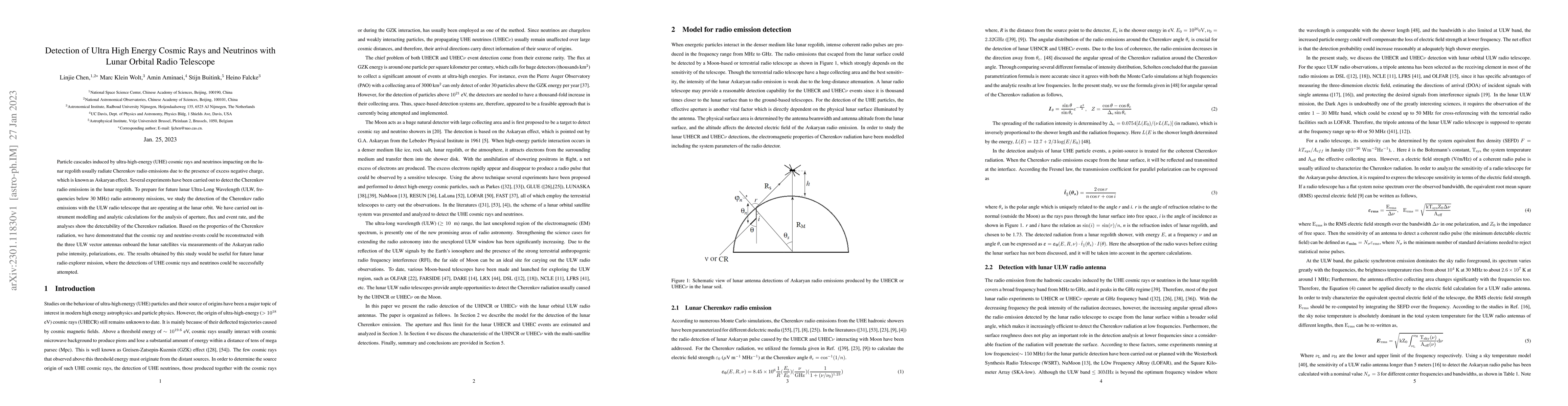 Thumbnail for Detection of Ultra High Energy Cosmic Rays and Neutrinos with Lunar
  Orbital Radio Telescope