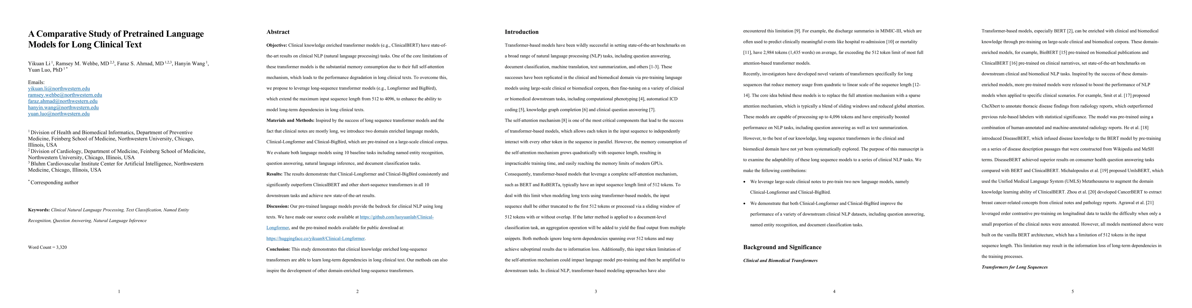 Thumbnail for A Comparative Study of Pretrained Language Models for Long Clinical Text