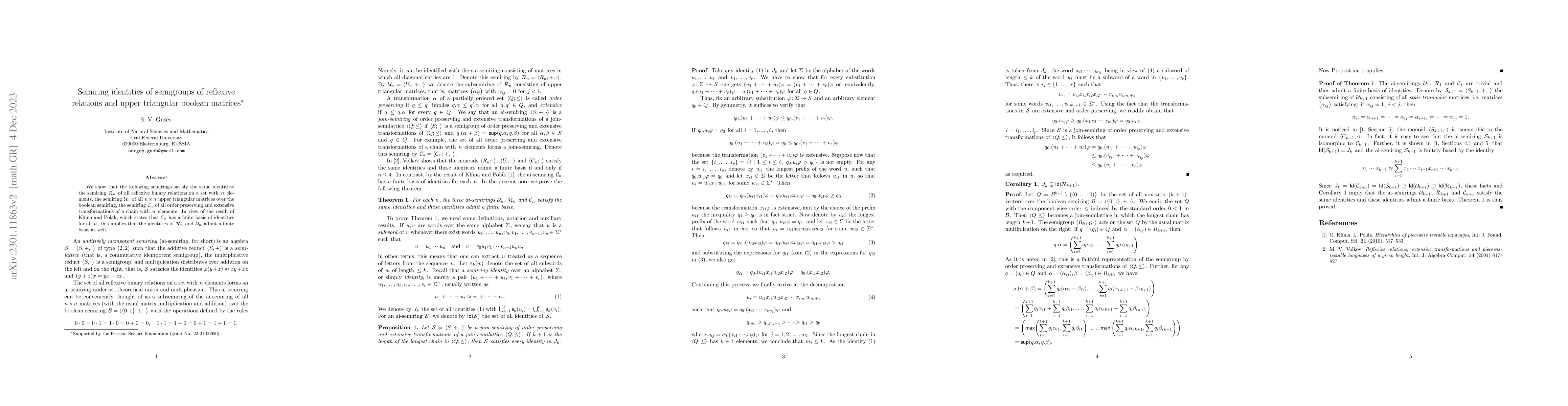 Thumbnail for Semiring identities of semigroups of reflexive relations and upper
  triangular boolean matrices
