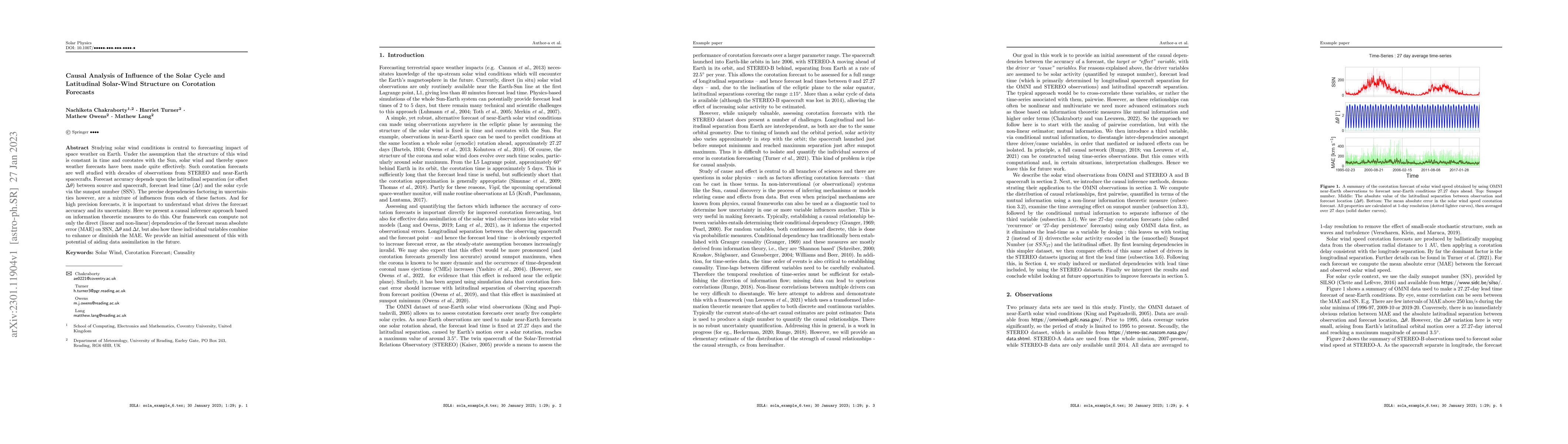 Thumbnail for Causal Analysis of Influence of the Solar Cycle and Latitudinal
  Solar-Wind Structure on Corotation Forecasts