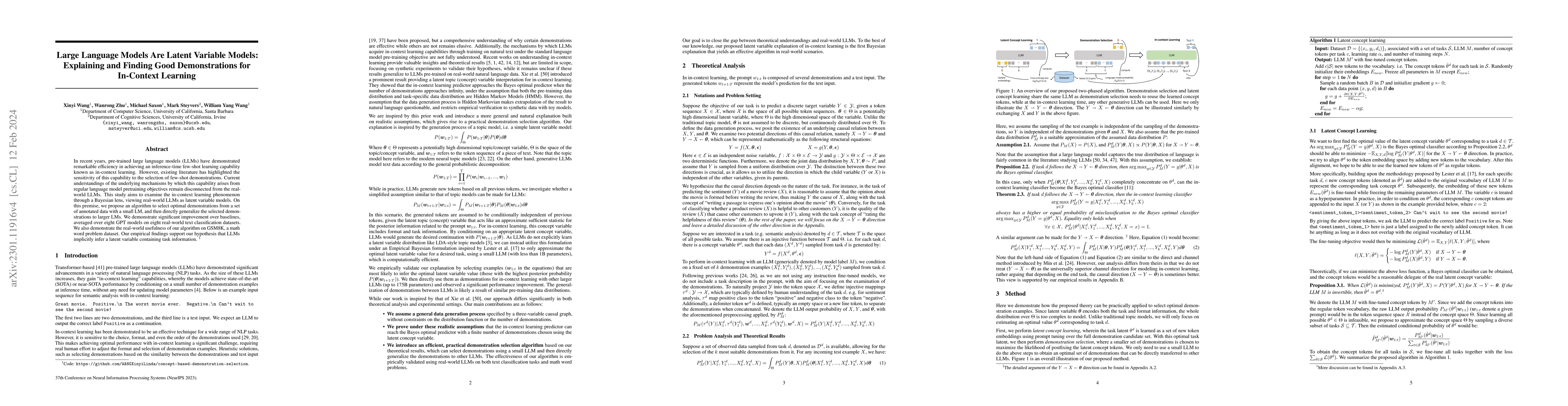 Thumbnail for Large Language Models Are Latent Variable Models: Explaining and Finding
  Good Demonstrations for In-Context Learning