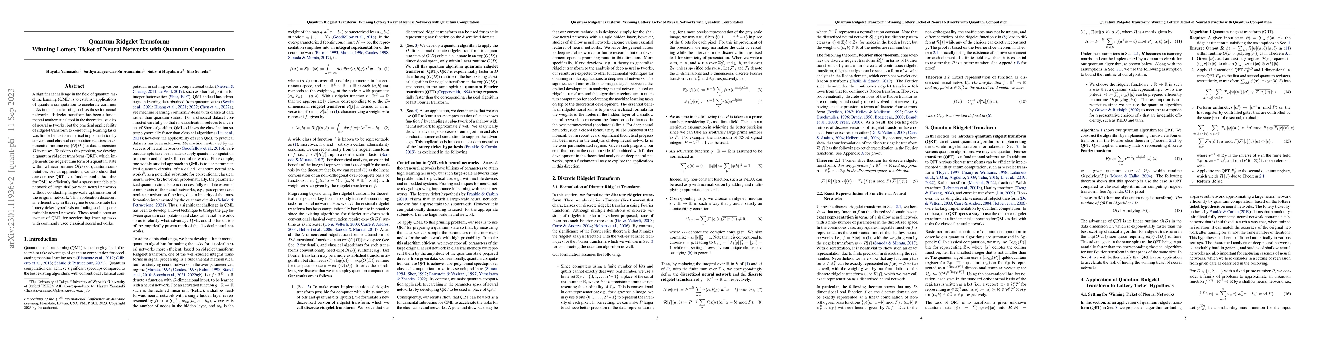 Thumbnail for Quantum Ridgelet Transform: Winning Lottery Ticket of Neural Networks
  with Quantum Computation