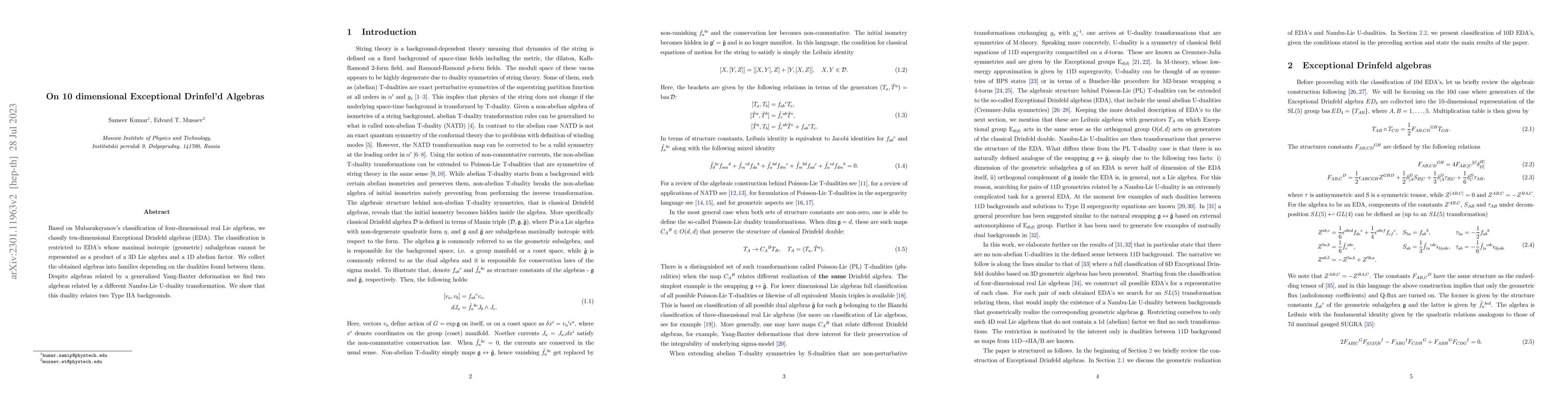 Thumbnail for On 10 dimensional Exceptional Drinfel'd Algebras
