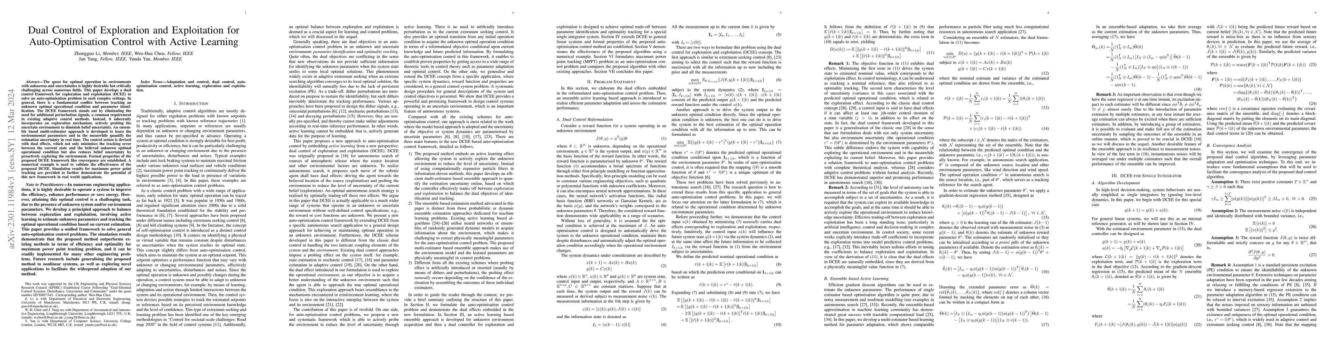 Thumbnail for Dual Control of Exploration and Exploitation for Auto-Optimisation
  Control with Active Learning
