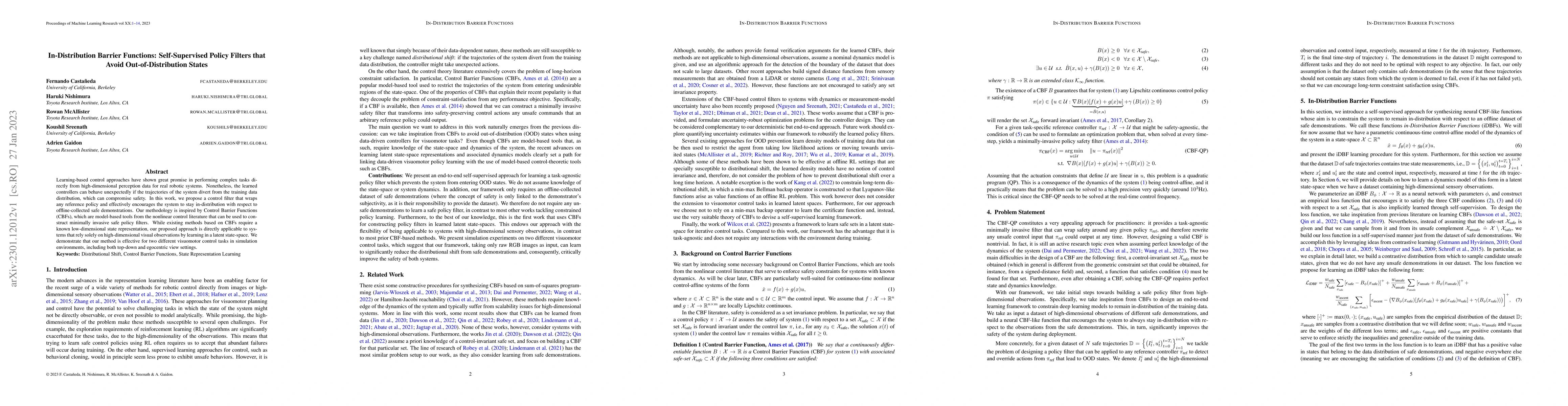 Thumbnail for In-Distribution Barrier Functions: Self-Supervised Policy Filters that
  Avoid Out-of-Distribution States
