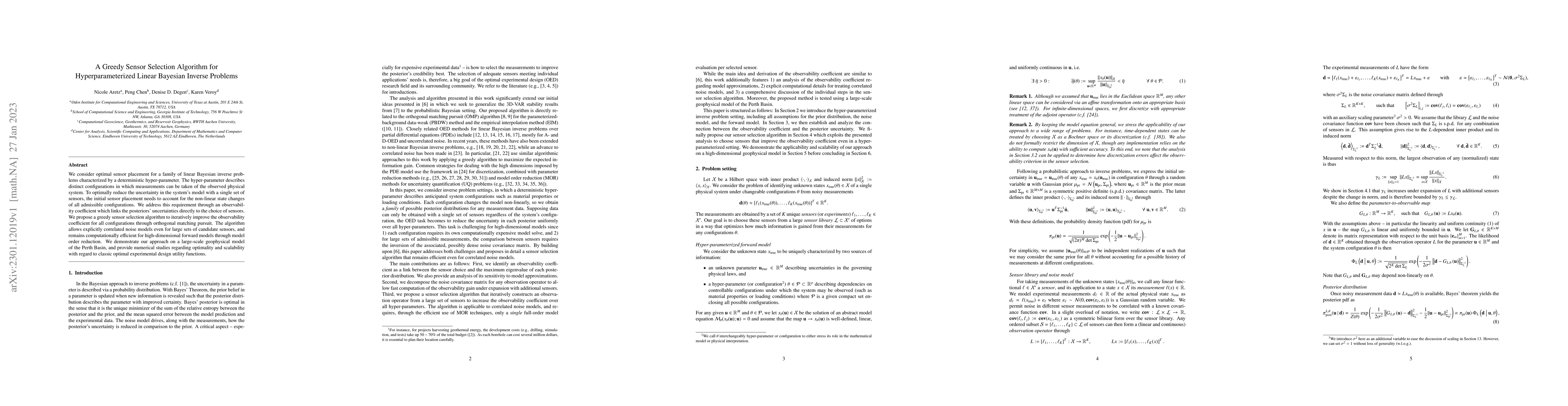 Thumbnail for A Greedy Sensor Selection Algorithm for Hyperparameterized Linear
  Bayesian Inverse Problems