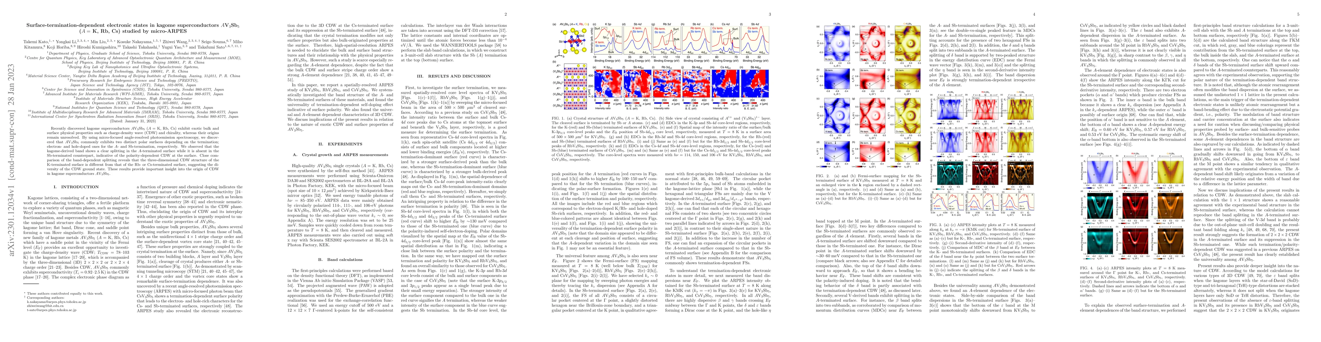Thumbnail for Surface-termination-dependent electronic states in kagome
  superconductors AV3Sb5 (A = K, Rb, Cs) studied by micro-ARPES