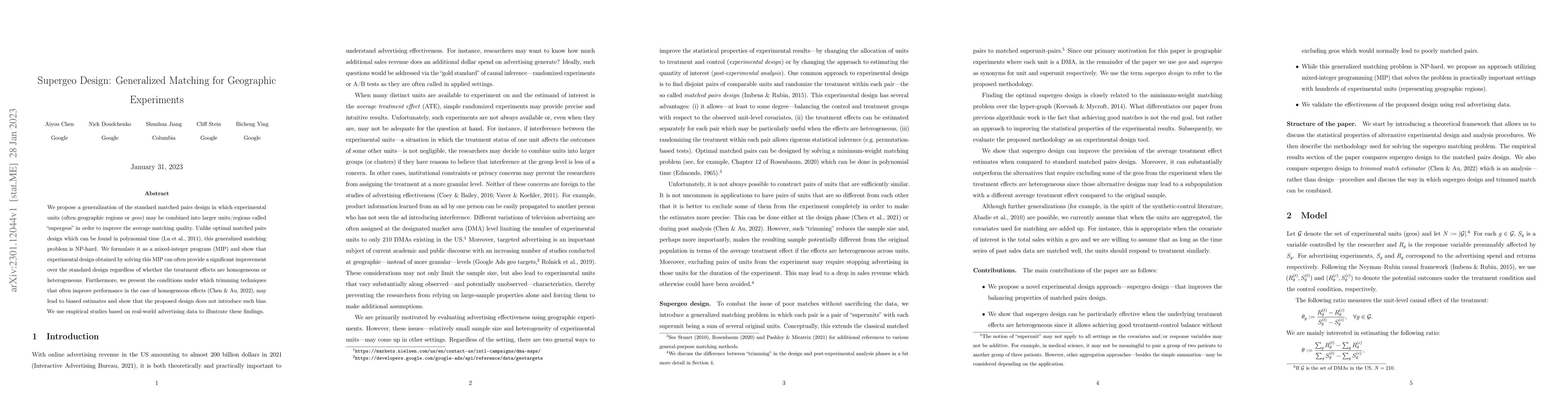 Thumbnail for Supergeo Design: Generalized Matching for Geographic Experiments
