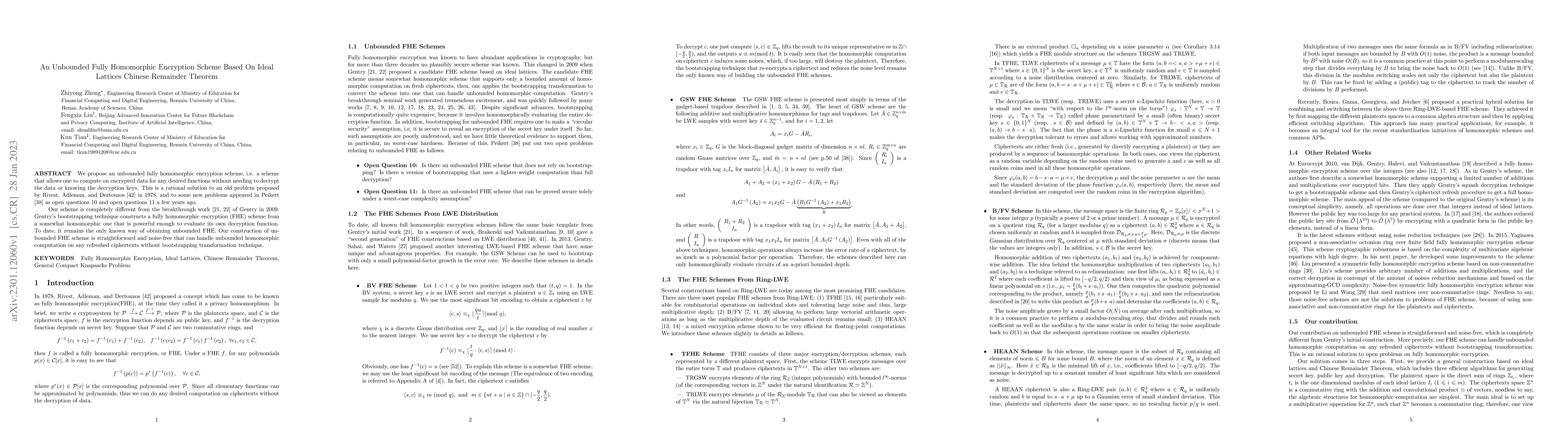 Thumbnail for An Unbounded Fully Homomorphic Encryption Scheme Based on Ideal Lattices
  and Chinese Remainder Theorem