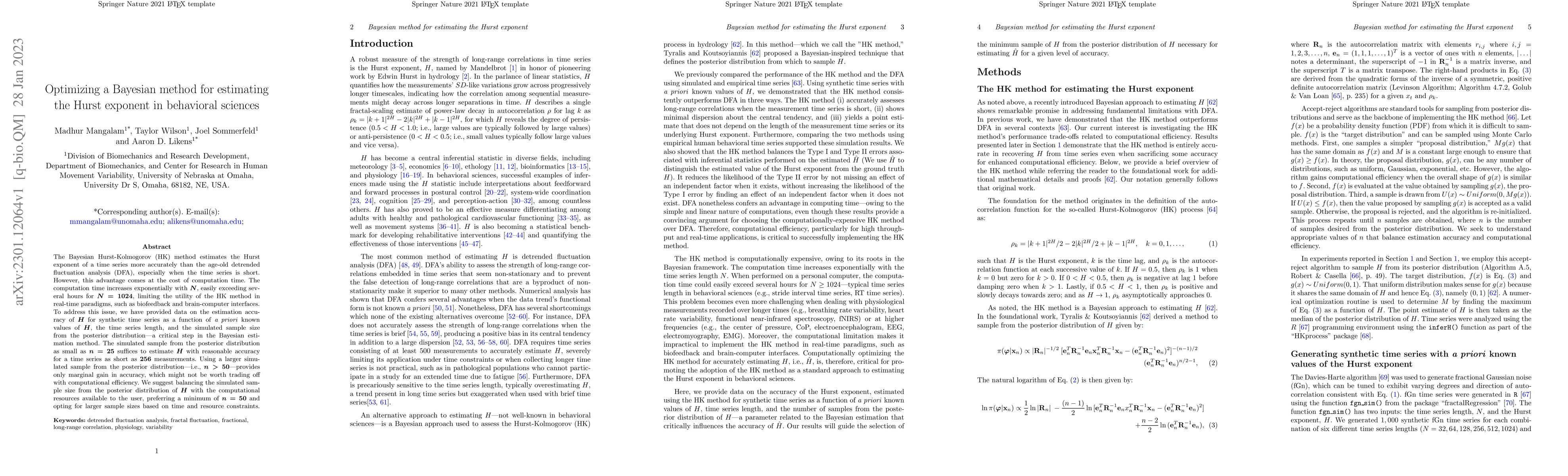 Thumbnail for Optimizing a Bayesian method for estimating the Hurst exponent in
  behavioral sciences