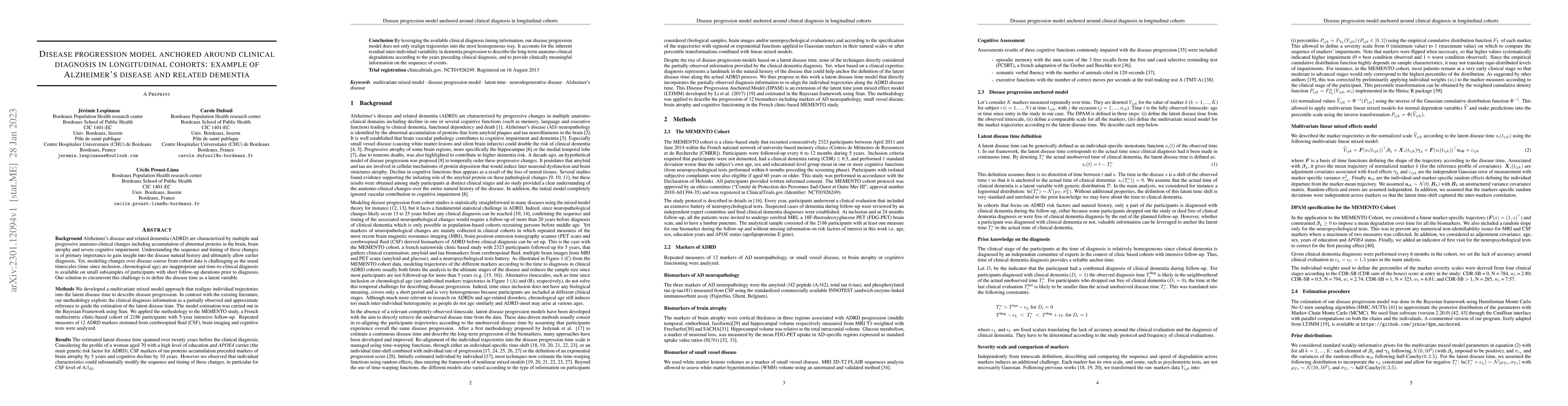 Thumbnail for Disease progression model anchored around clinical diagnosis in
  longitudinal cohorts: example of Alzheimer's disease and related dementia