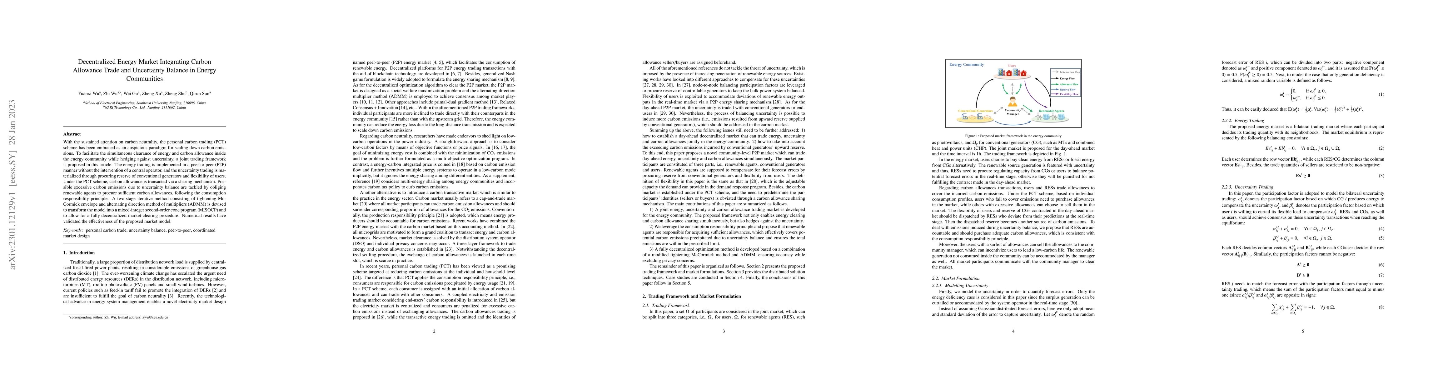 Thumbnail for Decentralized Energy Market Integrating Carbon Allowance Trade and
  Uncertainty Balance in Energy Communities