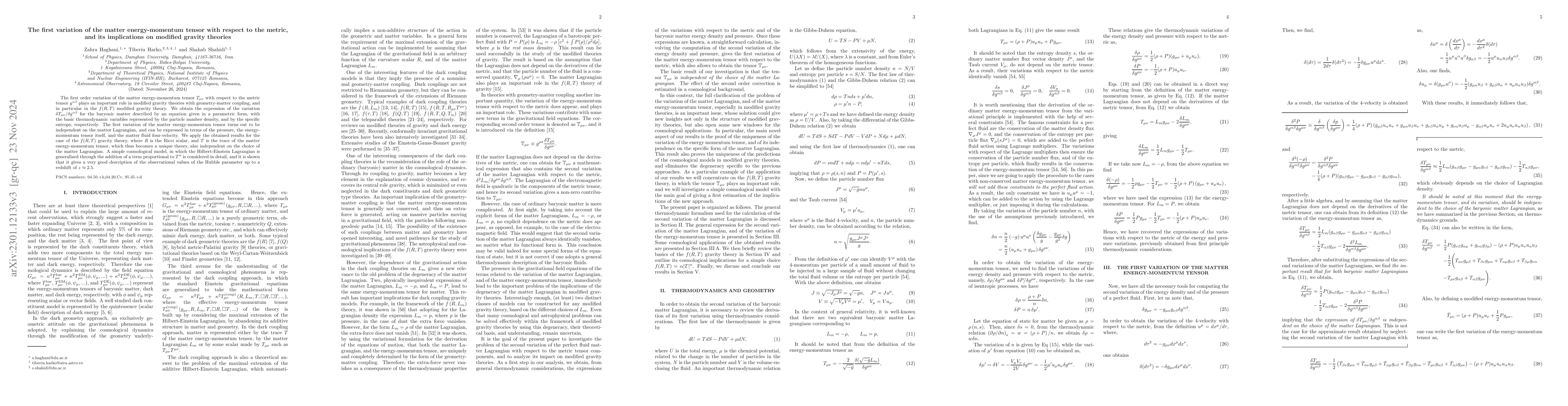 Thumbnail for The first variation of the matter energy-momentum tensor with respect to
  the metric, and its implications on modified gravity theories