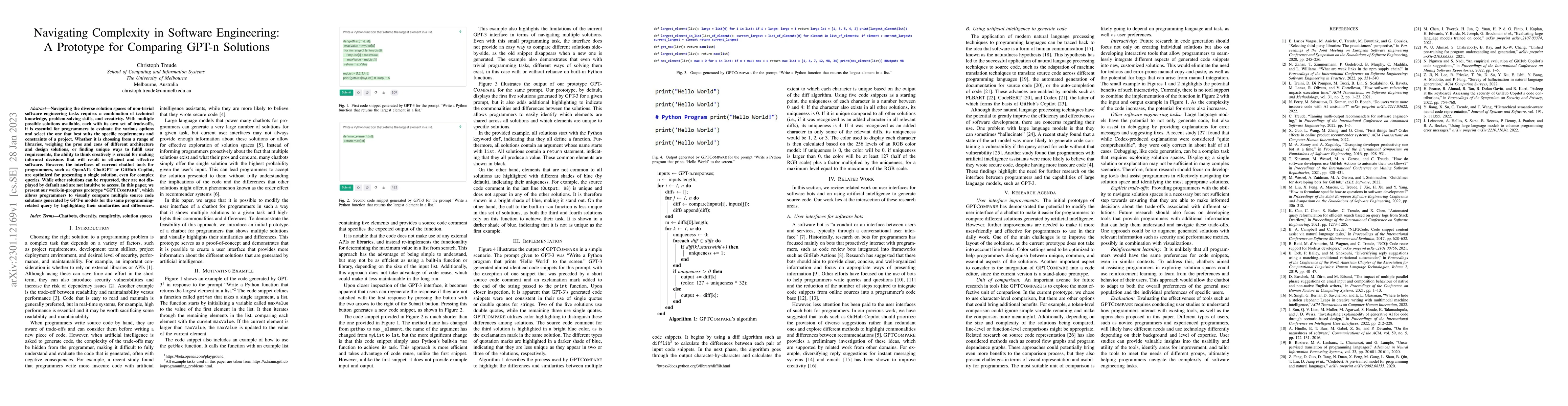 Thumbnail for Navigating Complexity in Software Engineering: A Prototype for Comparing
  GPT-n Solutions